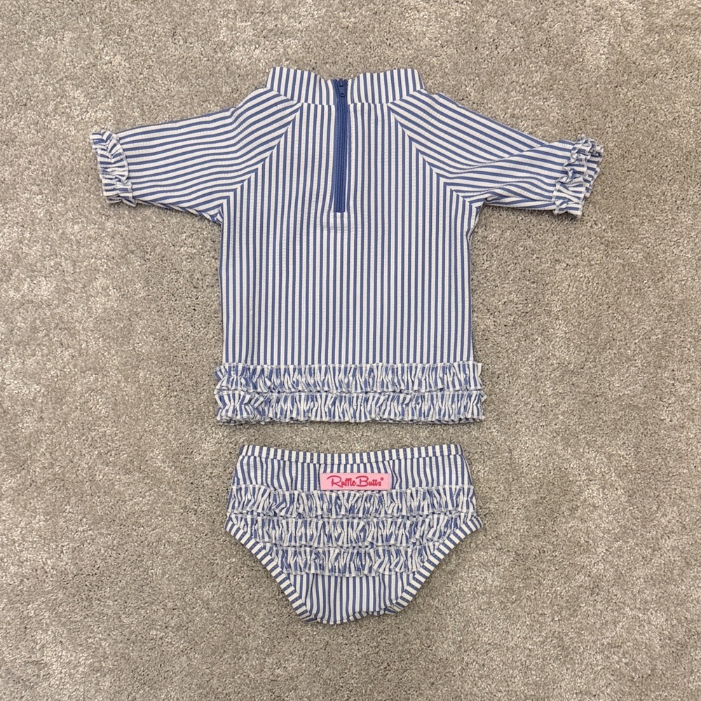 Ruffle Butts Blue and White Striped Rashguard Set - Picture 2 of 4